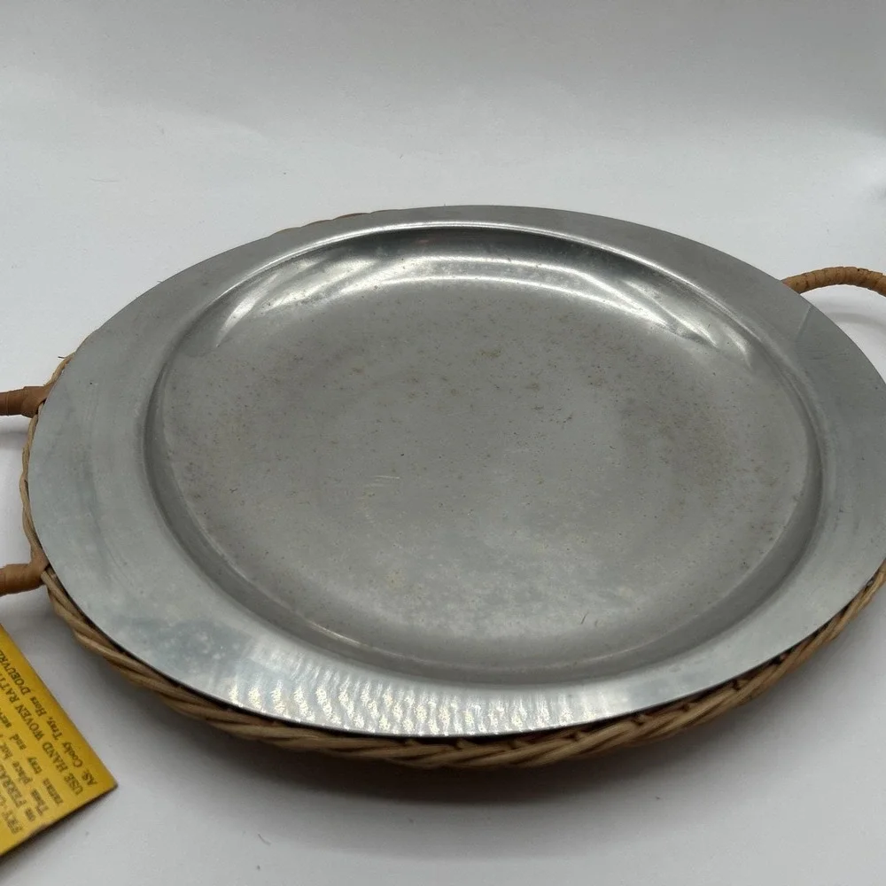 Lot of 4 Metal Oval Plate Platter‎ with Woven Tray Picnic FERRALUM New Vintage
